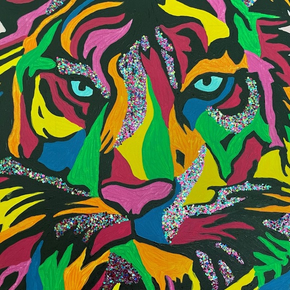 🎉🌈 ORIGINAL ACRYLIC PAINTING 24”x30”Rainbow Glitter Tiger w Sunset Background - Picture 4 of 6